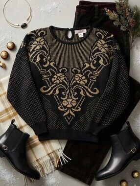 Vintage Lindsey Blake Black Metallic Gold Knit Long Sleeve Sweater